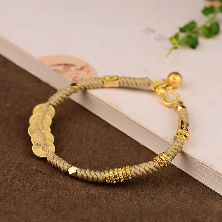 Pulsera trenzada de hilo de riqueza hecha a mano con cinco monedas imperiales y Buddha Stones - Cuerda amarilla (circunferencia de la muñeca: 15-19 cm) - image 6