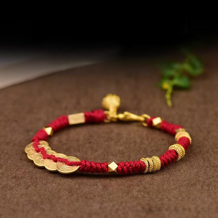 Pulsera trenzada de hilo de riqueza hecha a mano con cinco monedas imperiales y Buddha Stones - image 2