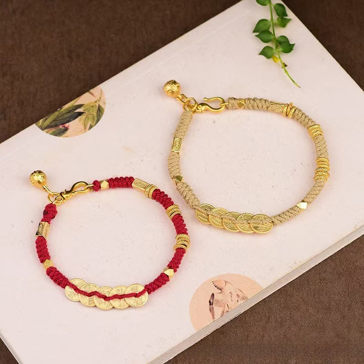Pulsera trenzada de hilo de riqueza hecha a mano con cinco monedas imperiales y Buddha Stones - image 7