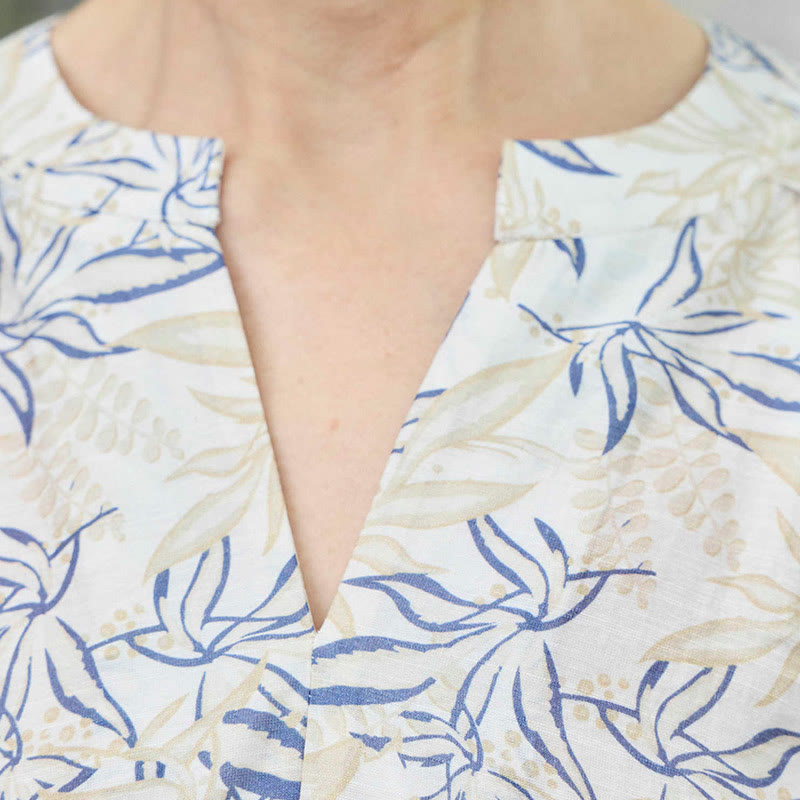 Camisa de manga larga con diseño de muescas y flores en azul y beige con Buddha Stones para mujer adulta mayor - image 7