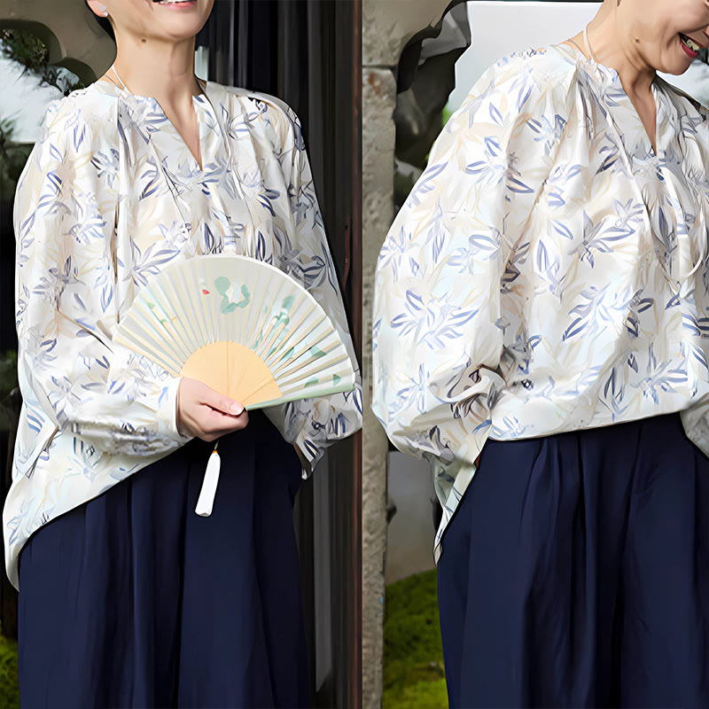 Camisa de manga larga con diseño de muescas y flores en azul y beige con Buddha Stones para mujer adulta mayor - image 22