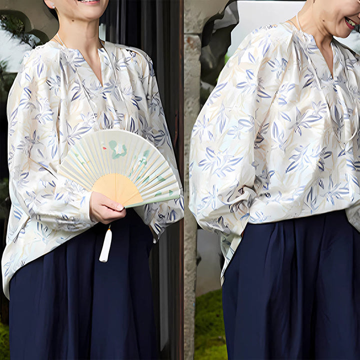 Camisa de manga larga con diseño de muescas y flores en azul y beige con Buddha Stones para mujer adulta mayor - image 22