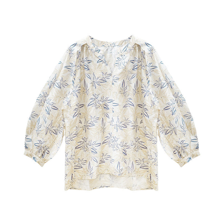 Camisa de manga larga con diseño de muescas y flores en azul y beige con Buddha Stones para mujer adulta mayor - image 5