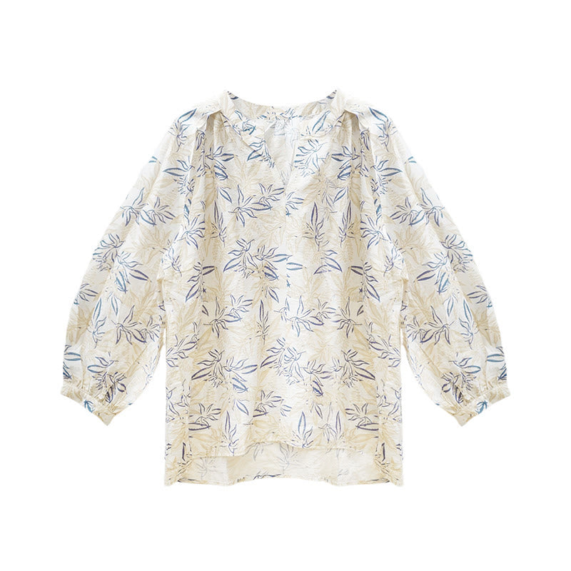 Camisa de manga larga con diseño de muescas y flores en azul y beige con Buddha Stones para mujer adulta mayor - image 5