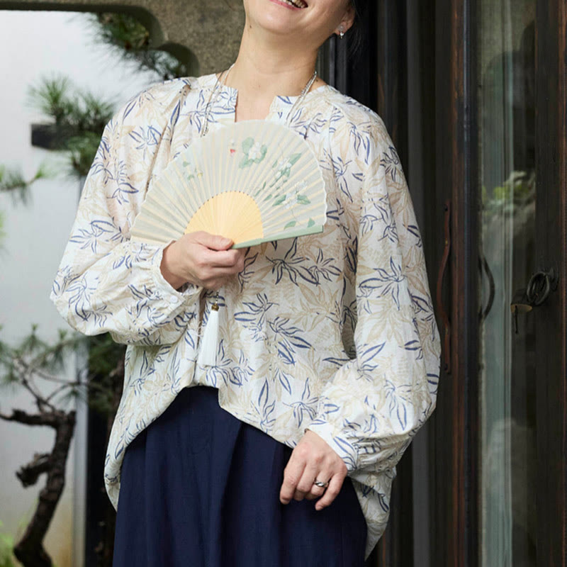 Camisa de manga larga con diseño de muescas y flores en azul y beige con Buddha Stones para mujer adulta mayor - image 19