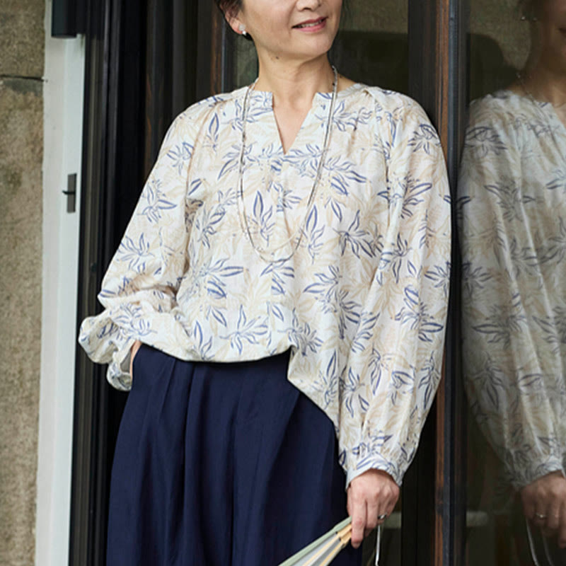 Camisa de manga larga con diseño de muescas y flores en azul y beige con Buddha Stones para mujer adulta mayor - image 16