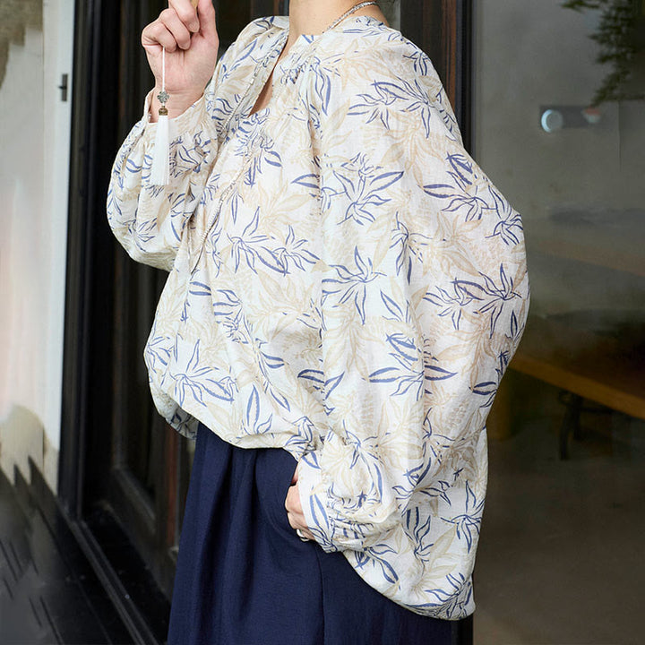 Camisa de manga larga con diseño de muescas y flores en azul y beige con Buddha Stones para mujer adulta mayor - image 17