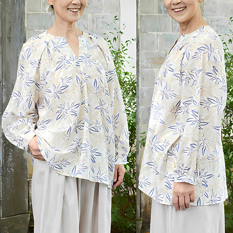 Camisa de manga larga con diseño de muescas y flores en azul y beige con Buddha Stones para mujer adulta mayor - image 9