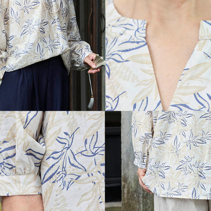 Camisa de manga larga con diseño de muescas y flores en azul y beige con Buddha Stones para mujer adulta mayor - image 12