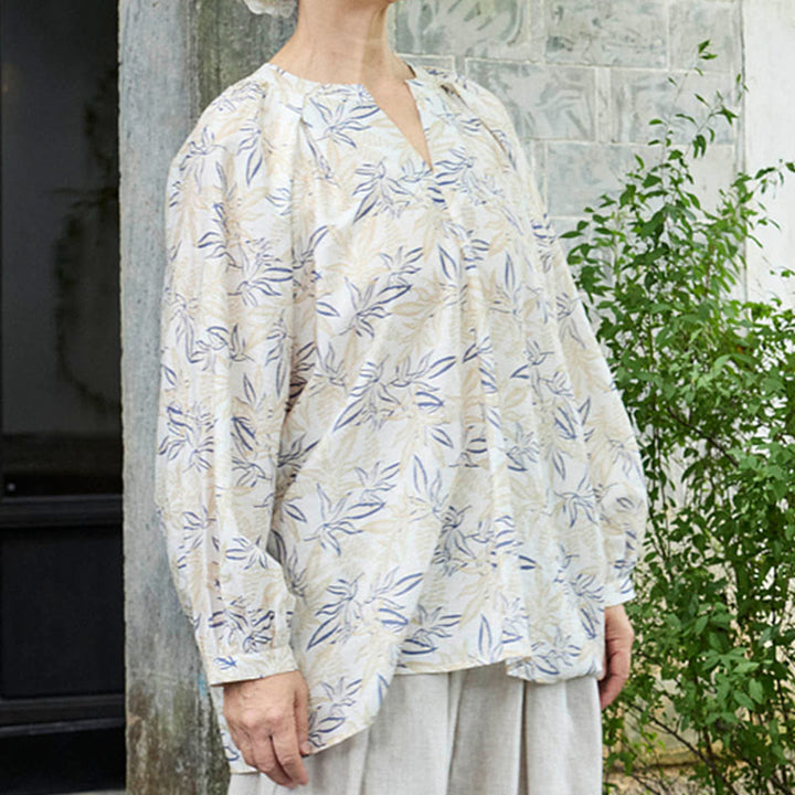 Camisa de manga larga con diseño de muescas y flores en azul y beige con Buddha Stones para mujer adulta mayor - image 3