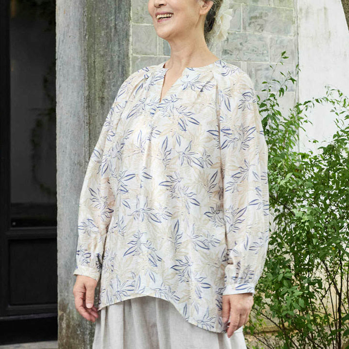 Camisa de manga larga con diseño de muescas y flores en azul y beige con Buddha Stones para mujer adulta mayor - image 4