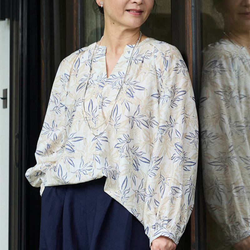 Camisa de manga larga con diseño de muescas y flores en azul y beige con Buddha Stones para mujer adulta mayor - image 21