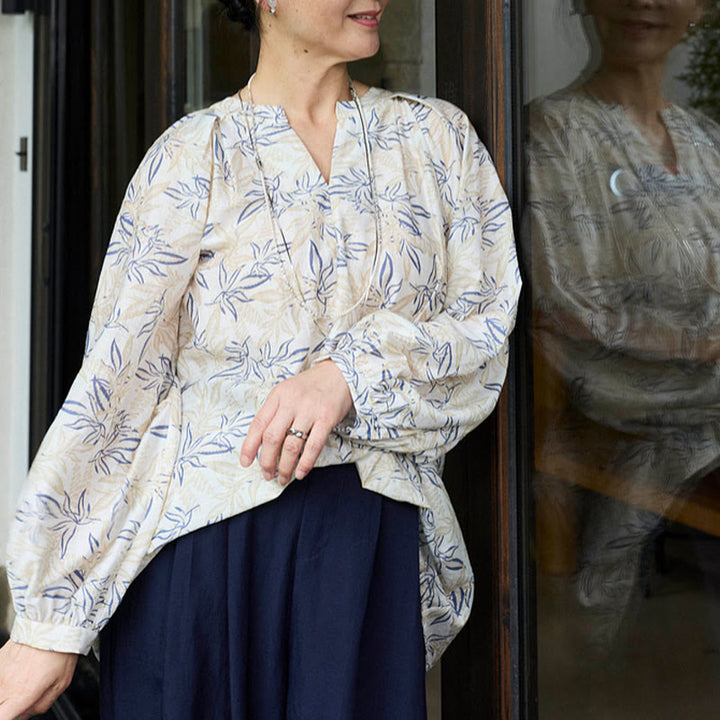 Camisa de manga larga con diseño de muescas y flores en azul y beige con Buddha Stones para mujer adulta mayor - image 20