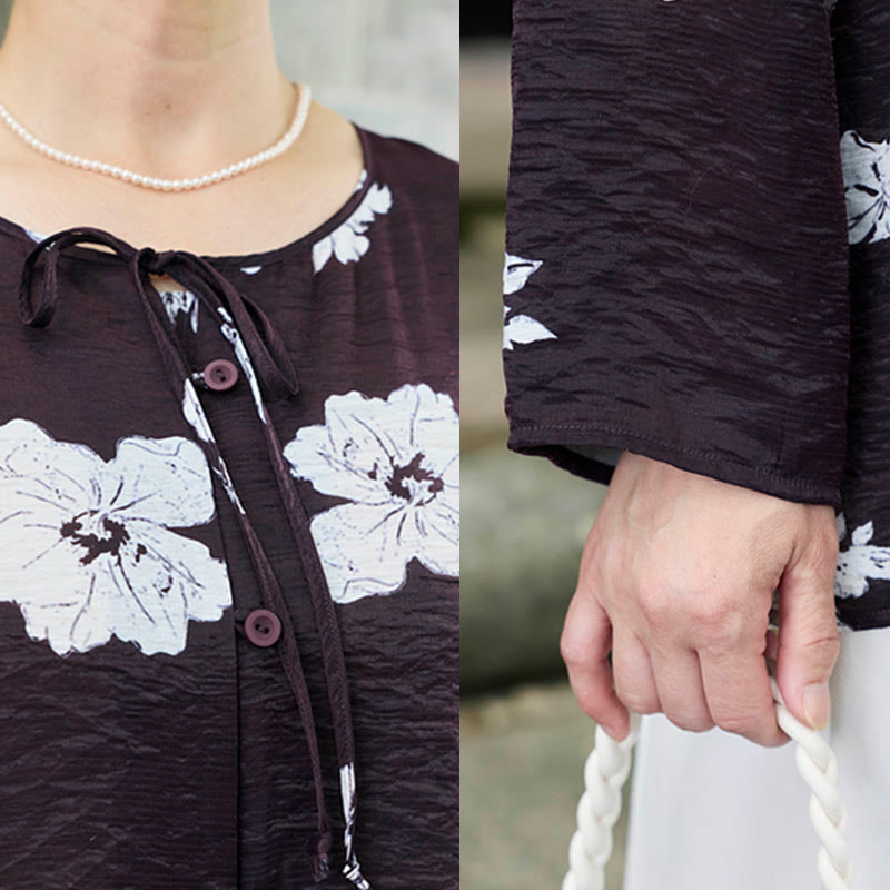 Camisa de manga larga con botones y cordones con flores negras de Buddha Stones para mujer adulta mayor - image 6