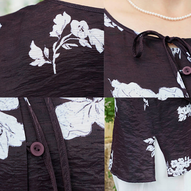 Camisa de manga larga con botones y cordones con flores negras de Buddha Stones para mujer adulta mayor - image 7