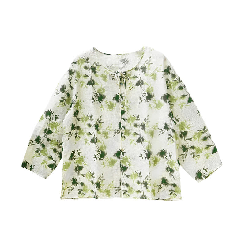 Camisa de manga larga con botones y cordones, con estampado floral verde de Buddha Stones para mujer adulta mayor - image 5