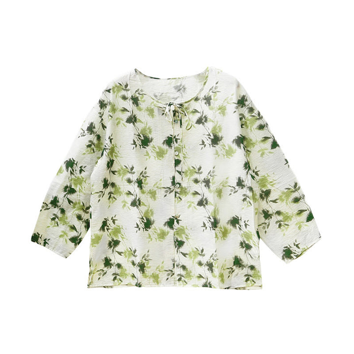Camisa de manga larga con botones y cordones, con estampado floral verde de Buddha Stones para mujer adulta mayor - image 5