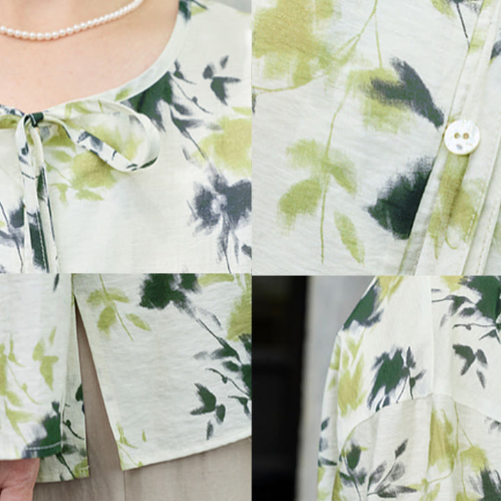 Camisa de manga larga con botones y cordones, con estampado floral verde de Buddha Stones para mujer adulta mayor - image 13