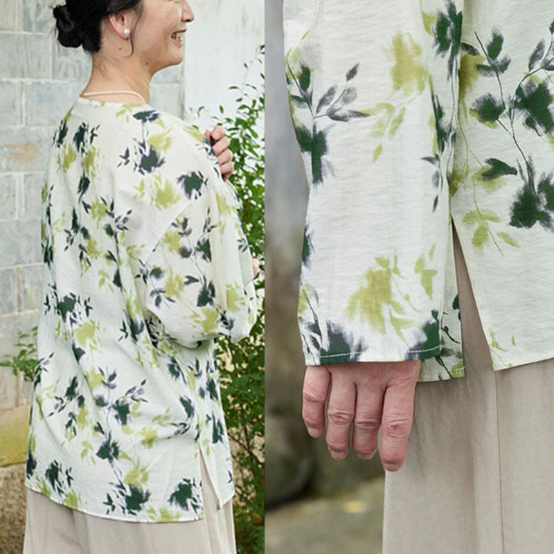 Camisa de manga larga con botones y cordones, con estampado floral verde de Buddha Stones para mujer adulta mayor - image 15