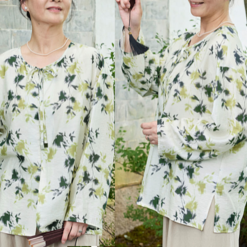 Camisa de manga larga con botones y cordones, con estampado floral verde de Buddha Stones para mujer adulta mayor - image 12