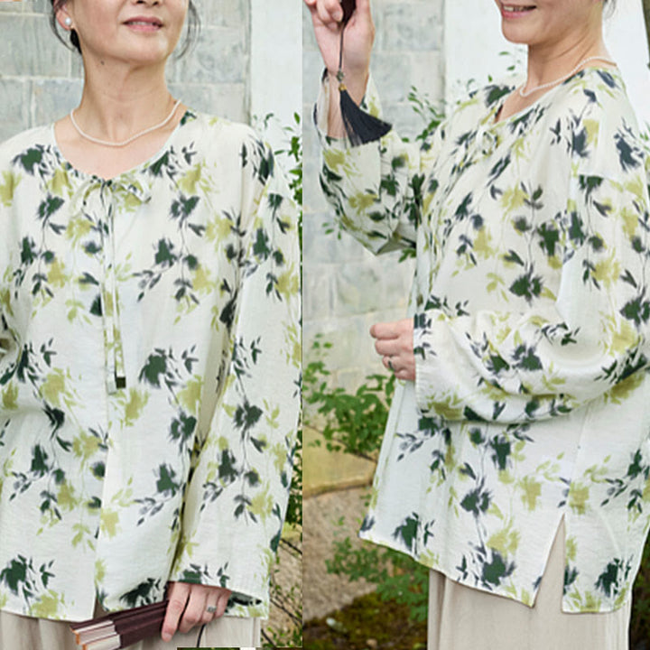 Camisa de manga larga con botones y cordones, con estampado floral verde de Buddha Stones para mujer adulta mayor - image 12