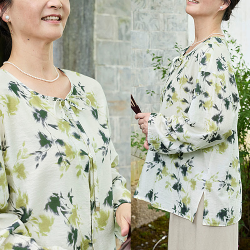 Camisa de manga larga con botones y cordones, con estampado floral verde de Buddha Stones para mujer adulta mayor - image 11