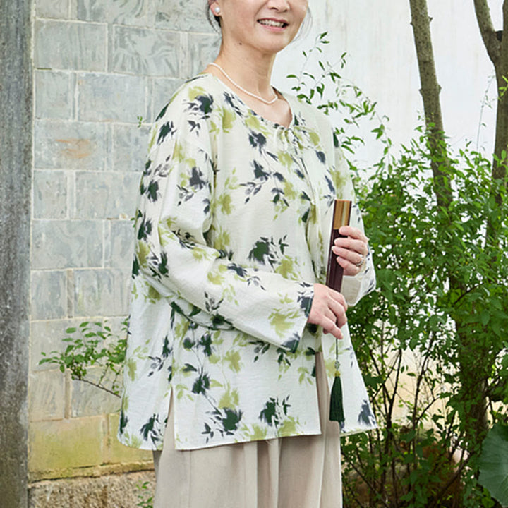 Camisa de manga larga con botones y cordones, con estampado floral verde de Buddha Stones para mujer adulta mayor - image 7