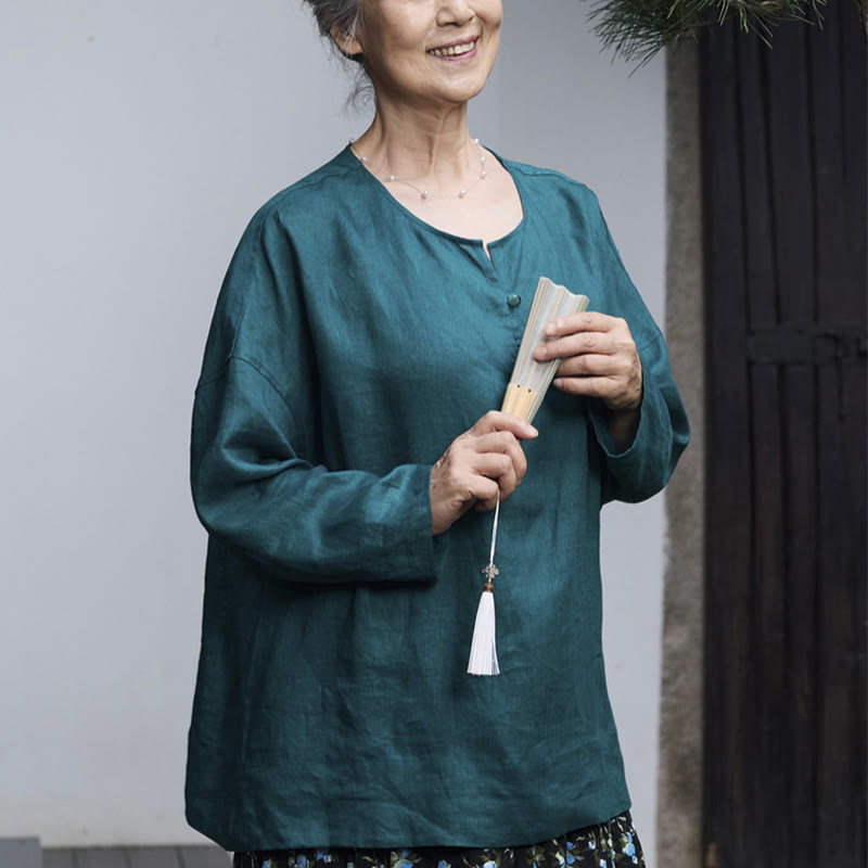 Camisa de lino de manga larga con Buddha Stones para mujer adulta mayor - image 5