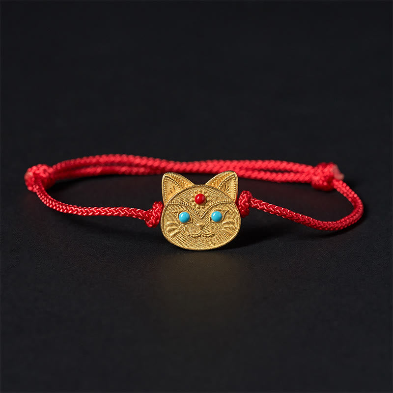 Pulsera de hilo rojo con gato de plata de ley 925 con Buddha Stones - 14-18 cm - image 0