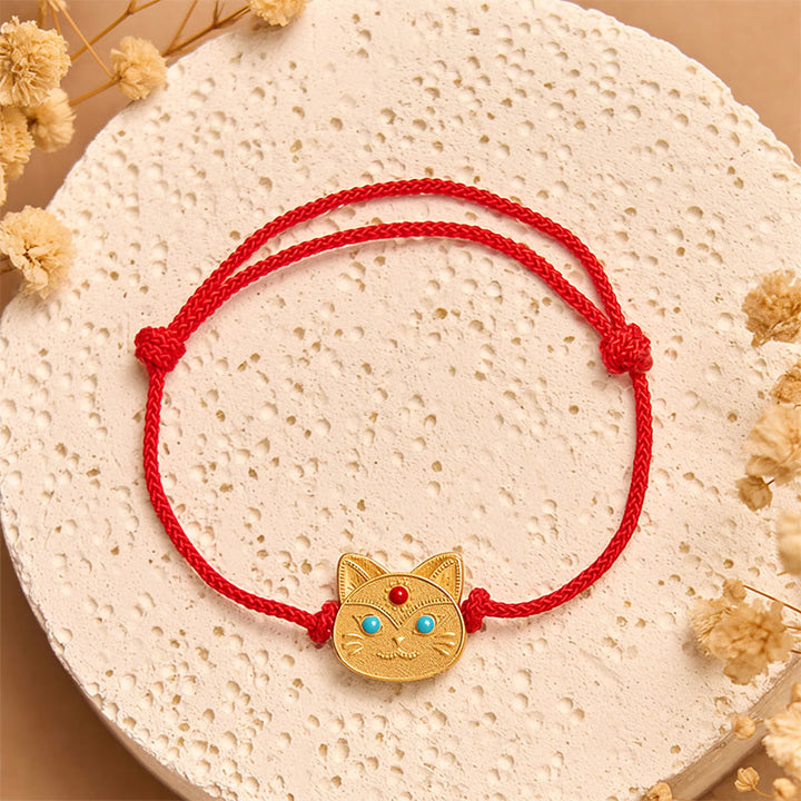 Pulsera de hilo rojo con gato de plata de ley 925 con Buddha Stones - image 1