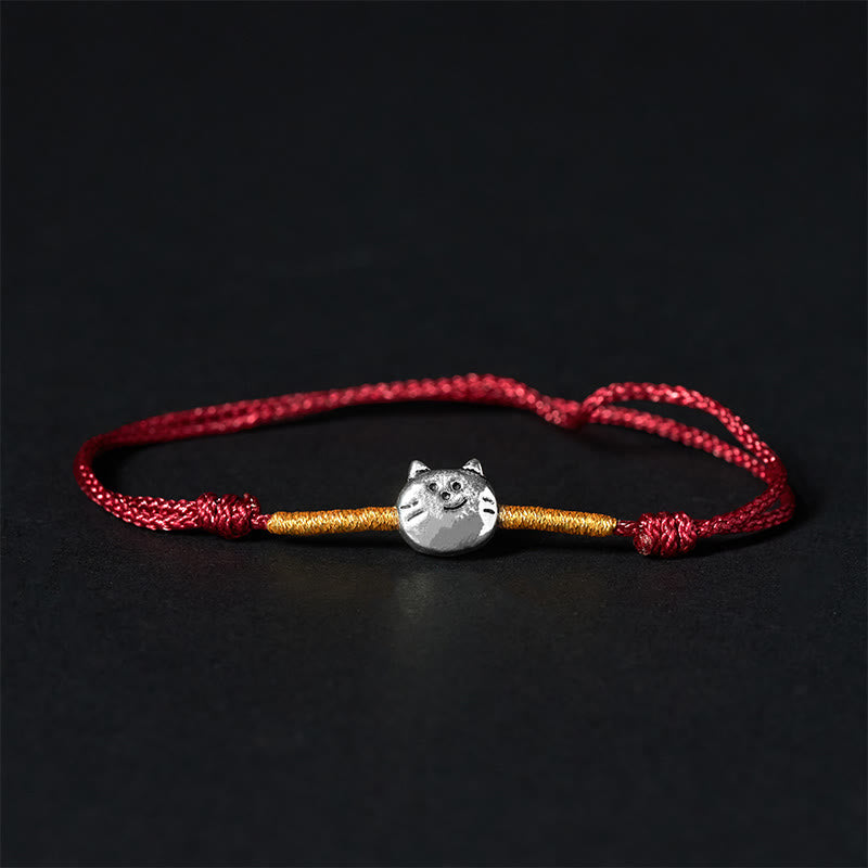 Pulsera trenzada de hilo rojo con diseño de gato y Buddha Stones en plata de ley 925 - Hilo rojo dorado (circunferencia de muñeca: 14-18 cm) - image 0