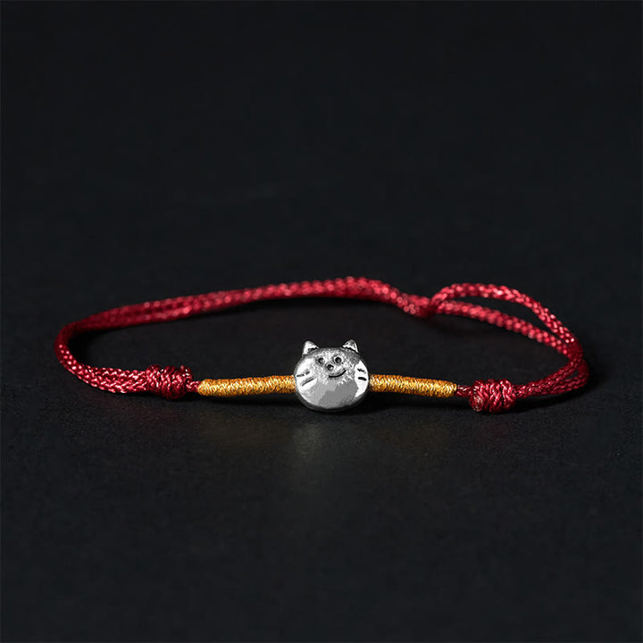 Pulsera trenzada de hilo rojo con diseño de gato y Buddha Stones en plata de ley 925 - Hilo rojo dorado (circunferencia de muñeca: 14-18 cm) - image 0