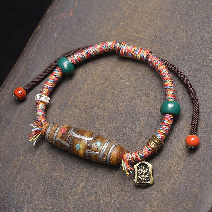 Pulsera de cuerda protectora con cuentas Dzi tibetanas de nueve ojos, hecha a mano con Buddha Stones - Cuerdas de colores y cuentas Dzi de nueve ojos (circunferencia de la muñeca: 16-20 cm) - image 0