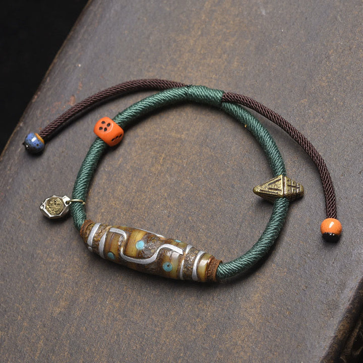Pulsera de cuerda protectora con cuentas Dzi tibetanas de nueve ojos, hecha a mano con Buddha Stones - Cuerda verde y cuenta Dzi de nueve ojos (circunferencia de la muñeca: 16-20 cm) - image 7