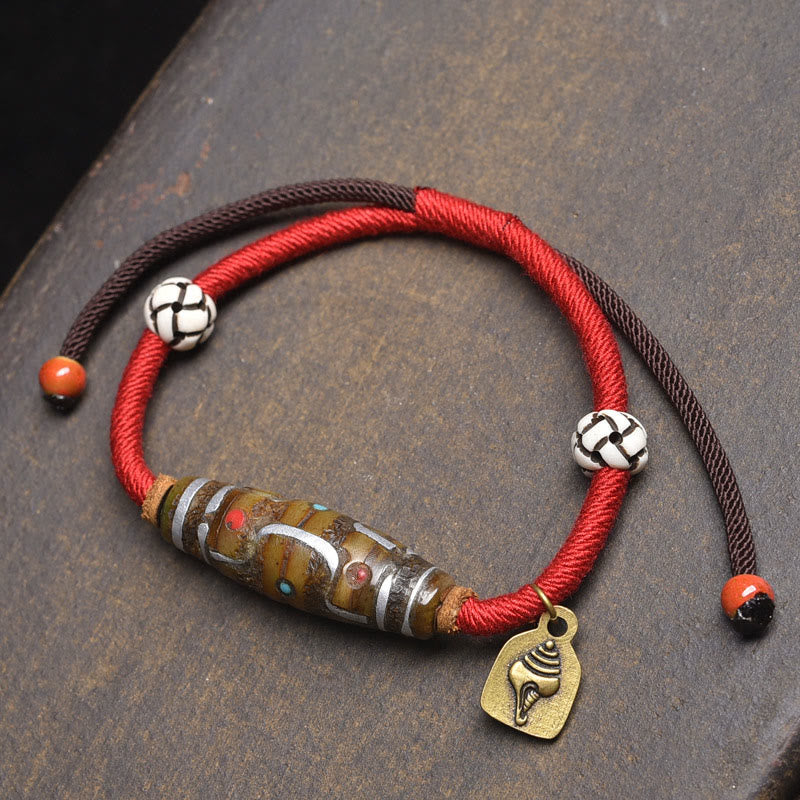 Pulsera de cuerda protectora con cuentas Dzi tibetanas de nueve ojos, hecha a mano con Buddha Stones - Cuerda roja y cuenta Dzi de nueve ojos (circunferencia de la muñeca: 16-20 cm) - image 5