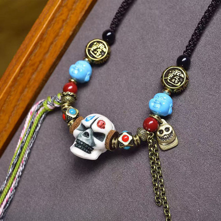 Collar con colgante de calavera tibetana con Buddha Stones, el Señor del Bosque Cadáver, que aleja a los malos espíritus. - image 5