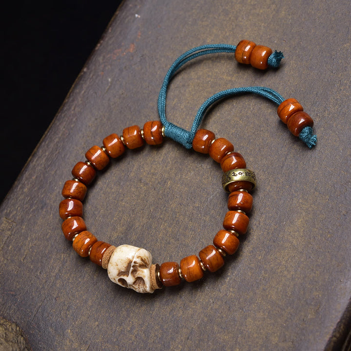 Pulsera de la felicidad del Señor del Bosque Cadáver con cuentas de Buddha Stones , cáscara de coco - Calavera con cuentas de hueso (circunferencia de la muñeca: 16-17 cm) - image 1