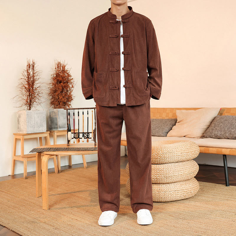 Conjunto de 2 piezas de camisa y pantalón de pana de algodón con botones de rana para hombre, de Buddha Stones, con bolsillos - Chocolate - US/UK/AU46, EU56 (5XL) - image 0