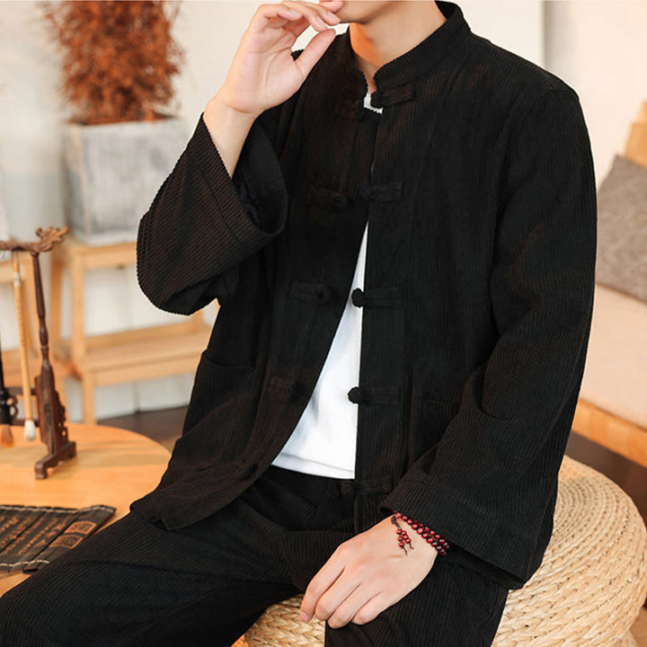 Conjunto de 2 piezas de camisa y pantalón de pana de algodón con botones de rana para hombre, de Buddha Stones, con bolsillos - image 28