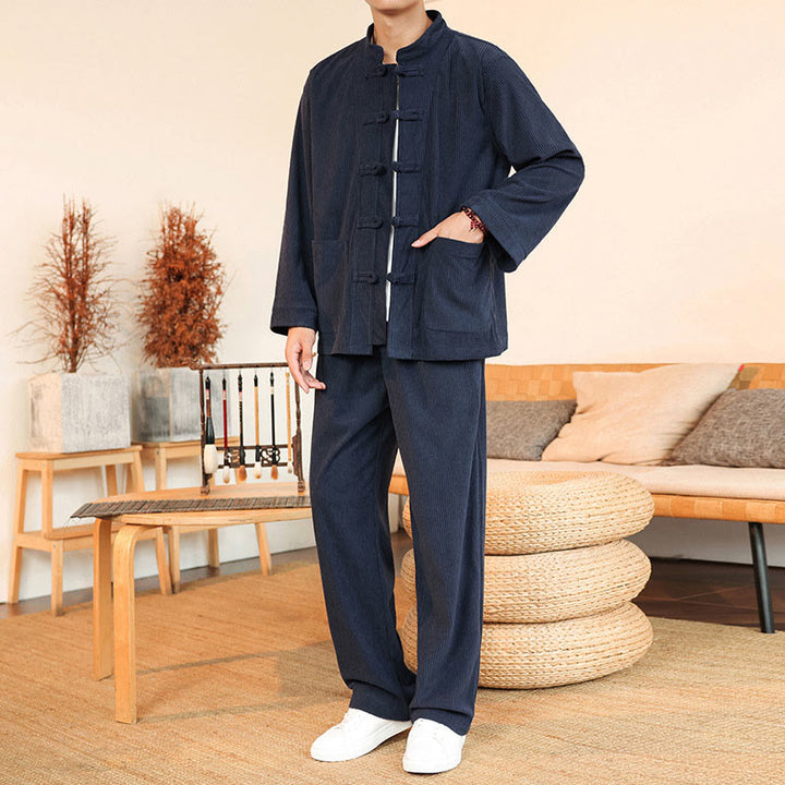 Conjunto de 2 piezas de camisa y pantalón de pana de algodón con botones de rana para hombre, de Buddha Stones, con bolsillos - image 31