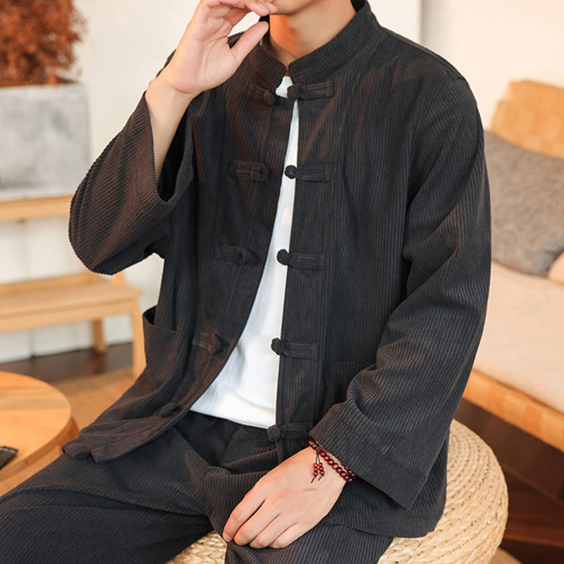 Conjunto de 2 piezas de camisa y pantalón de pana de algodón con botones de rana para hombre, de Buddha Stones, con bolsillos - image 16