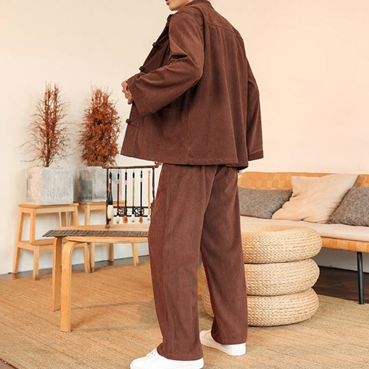 Conjunto de 2 piezas de camisa y pantalón de pana de algodón con botones de rana para hombre, de Buddha Stones, con bolsillos - image 3