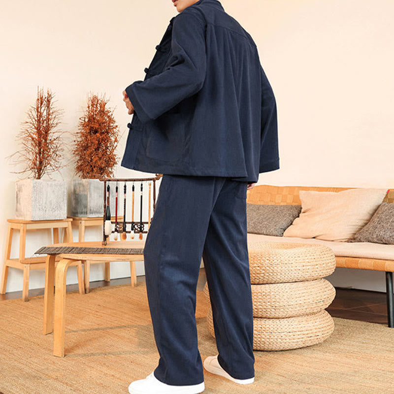 Conjunto de 2 piezas de camisa y pantalón de pana de algodón con botones de rana para hombre, de Buddha Stones, con bolsillos - image 32