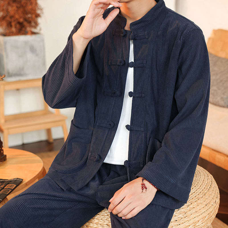 Conjunto de 2 piezas de camisa y pantalón de pana de algodón con botones de rana para hombre, de Buddha Stones, con bolsillos - image 36