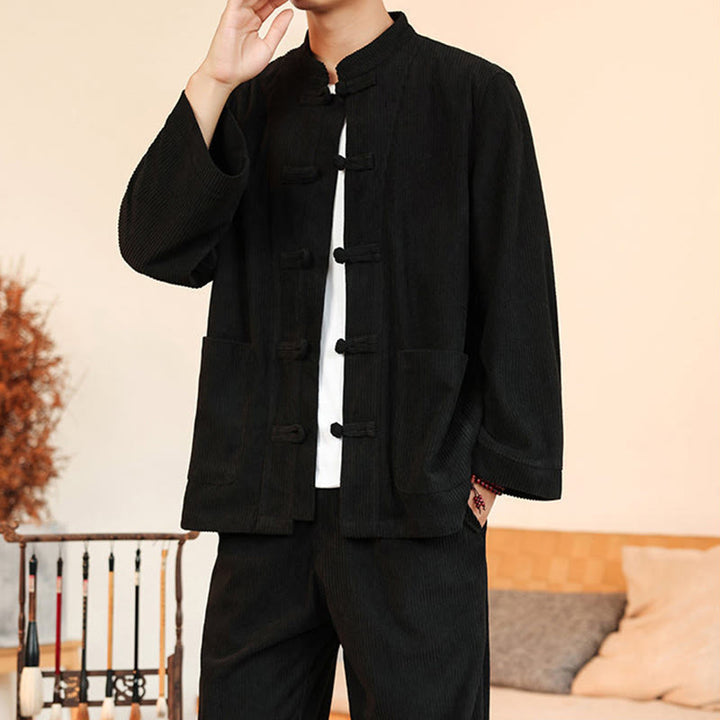 Conjunto de 2 piezas de camisa y pantalón de pana de algodón con botones de rana para hombre, de Buddha Stones, con bolsillos - image 27