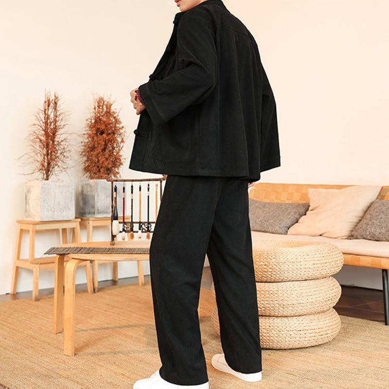 Conjunto de 2 piezas de camisa y pantalón de pana de algodón con botones de rana para hombre, de Buddha Stones, con bolsillos - image 24