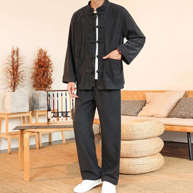 Conjunto de 2 piezas de camisa y pantalón de pana de algodón con botones de rana para hombre, de Buddha Stones, con bolsillos - image 12