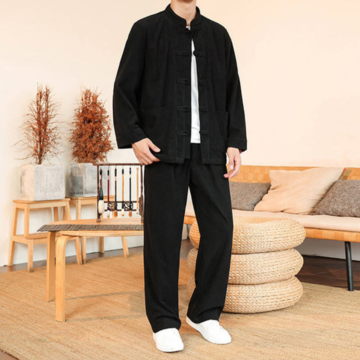 Conjunto de 2 piezas de camisa y pantalón de pana de algodón con botones de rana para hombre, de Buddha Stones, con bolsillos - image 23