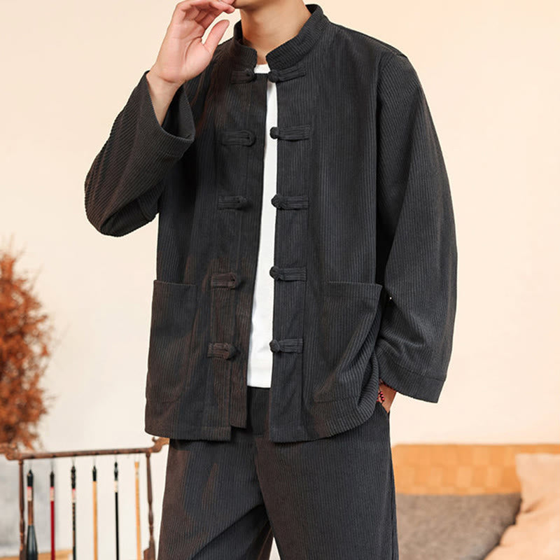 Conjunto de 2 piezas de camisa y pantalón de pana de algodón con botones de rana para hombre, de Buddha Stones, con bolsillos - image 15