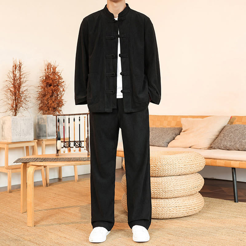 Conjunto de 2 piezas de camisa y pantalón de pana de algodón con botones de rana para hombre, de Buddha Stones, con bolsillos - image 22